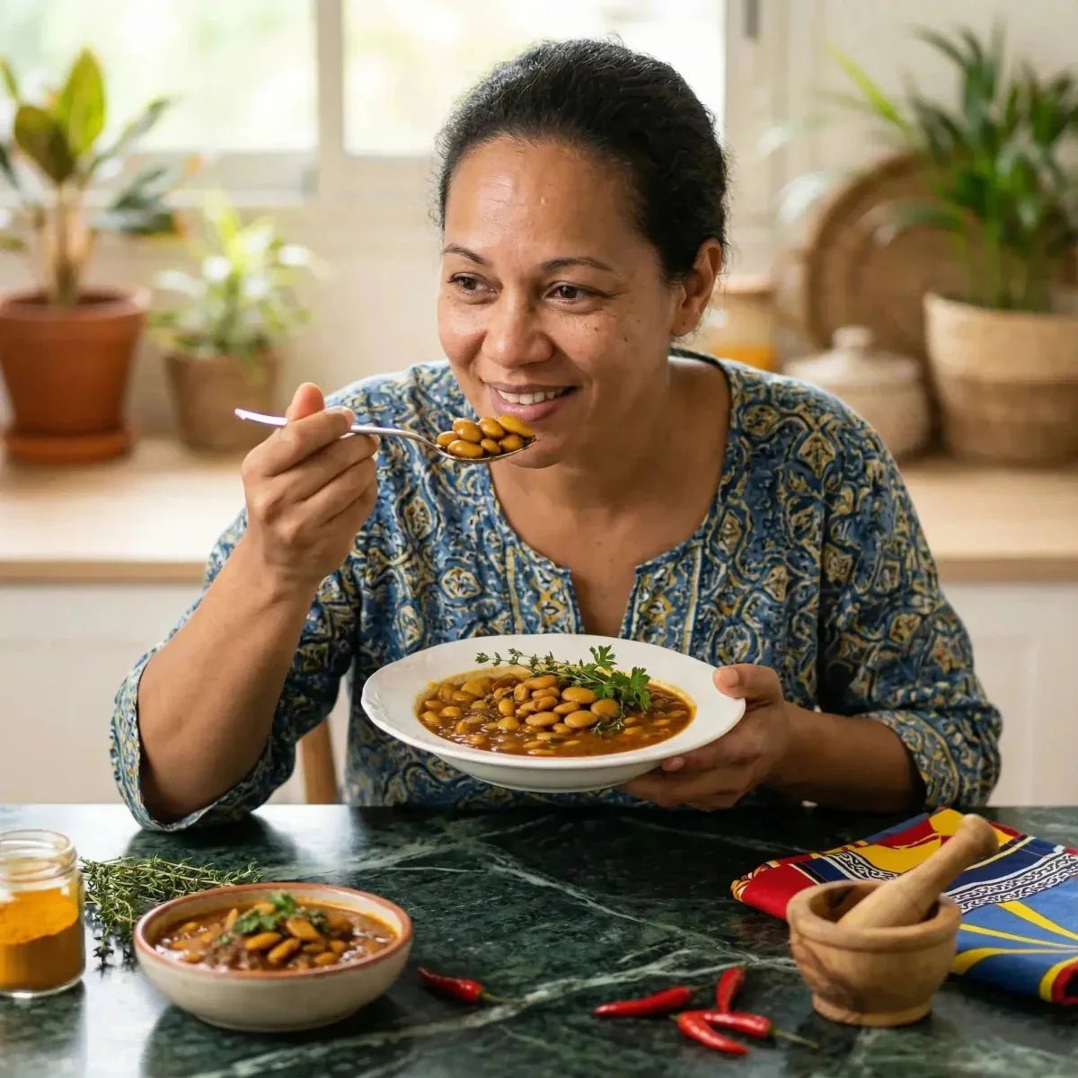ROYAL BOURBON Fagioli di Cap cucinati alla creola. Donna che apprezza il piatto, atmosfera di cucina.