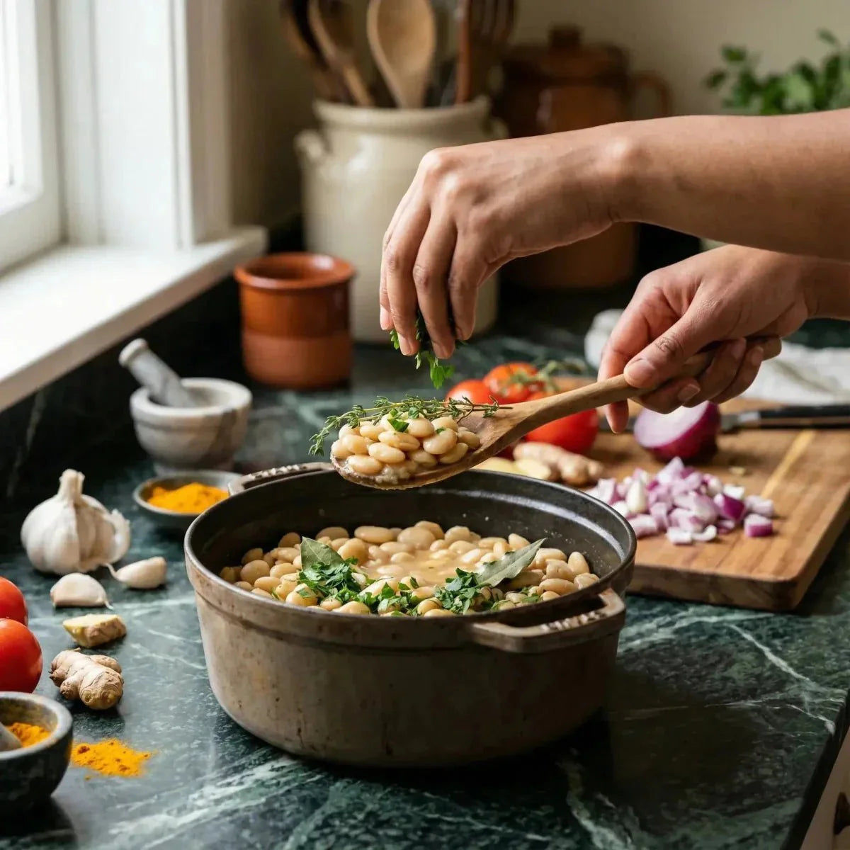 Una persona añade hierbas a un plato de guisantes de ojo negro ROYAL BOURBON 400g.