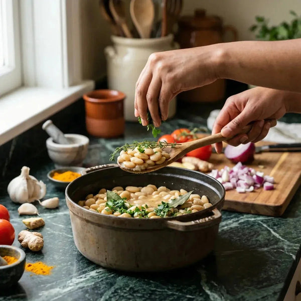 A person adds herbs to a dish of ROYAL BOURBON 400g Cape peas.