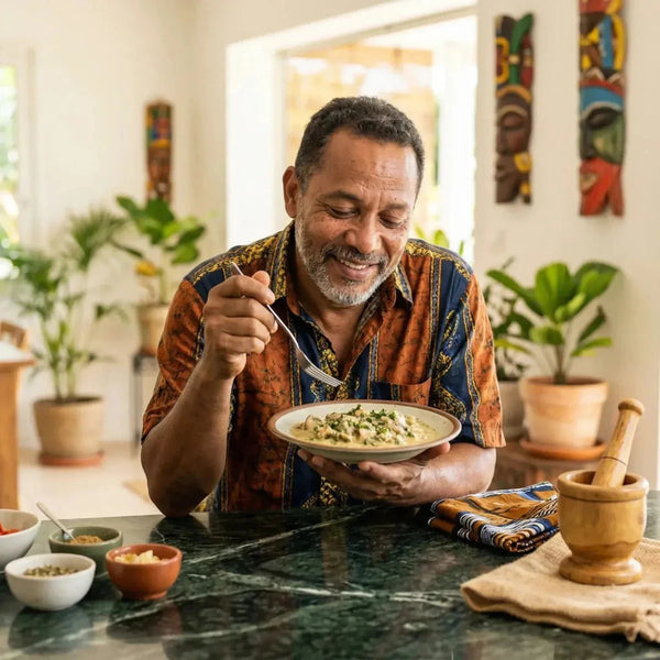Royal Bourbon Cape Peas, sold in batches, on a table with spices and a mortar.