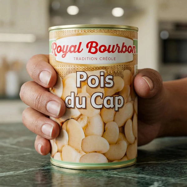 Close-up of Royal Bourbon Cape peas box, with a light kitchen background.