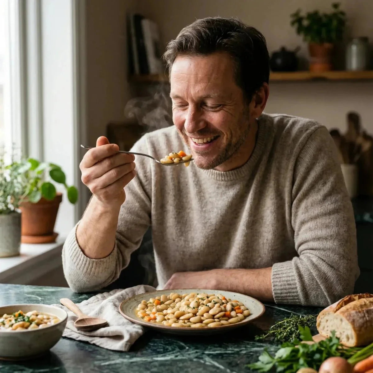 Guisante de Campo TERSOL — Hombre sonriente disfrutando una sopa de guisantes. Plato.