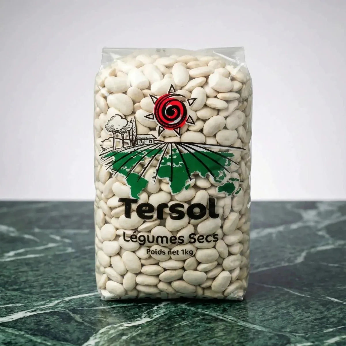 Frijoles blancos secos grandes de la marca TERSOL, en empaque plástico transparente.