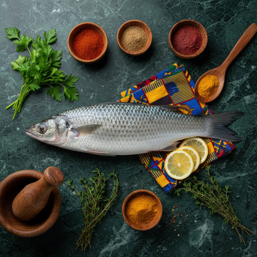 Mulet cru sur planche avec épices et herbes, prêt pour préparation culinaire. Poisson riche en protéines et à chair ferme.