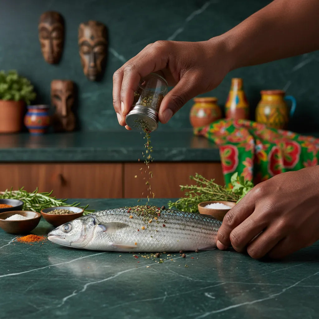 Préparation d’un mulet cru assaisonné avec épices et herbes fraîches. Poisson riche en protéines, idéal pour cuisine maison.