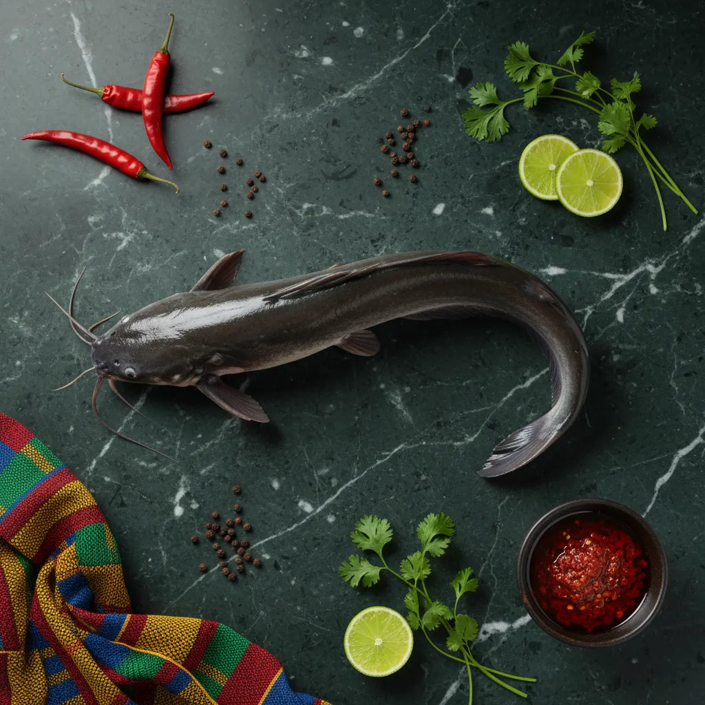 Poisson-chat cru présenté avec citron vert, piments rouges et coriandre, parfait pour recettes exotiques et savoureuses.