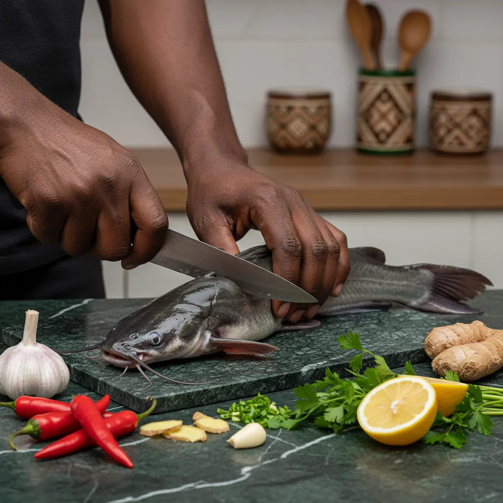 Préparation d’un poisson chat frais avec des ingrédients comme gingembre, ail et citron, pour une cuisson maison savoureuse.