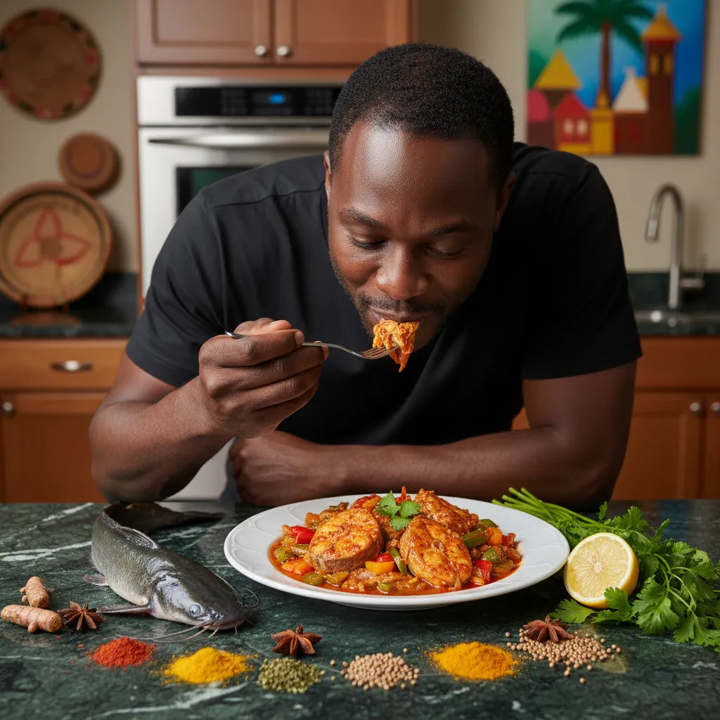 Homme dégustant un plat cuisiné à base de poisson chat, entouré d’épices et d’herbes fraîches pour une recette riche en saveurs.