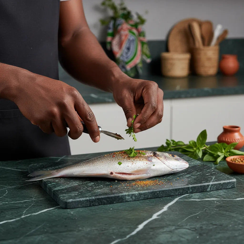 Préparation du Sompatte - Poisson Surgelé avec herbes fraîches en cuisine. Idéal pour plats en sauce ou grillades maison.
