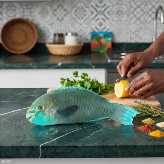 Poisson perroquet frais sur plan de travail avec citron, coriandre et épices, prêt à être cuisiné pour une recette riche en oméga-3.