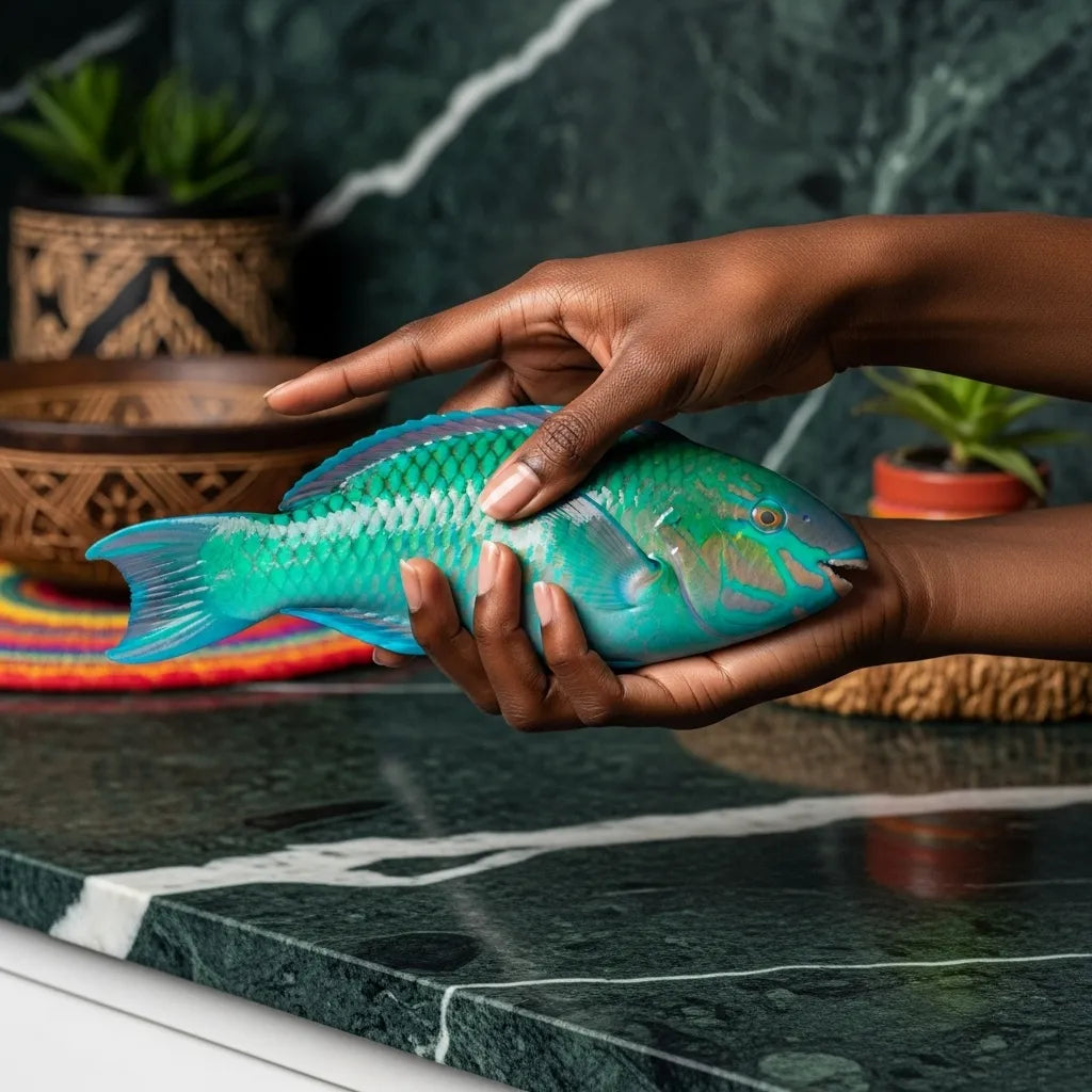 Main tenant un poisson perroquet frais à la peau turquoise, soulignant sa fraîcheur et texture idéale pour cuisine saine et savoureuse.