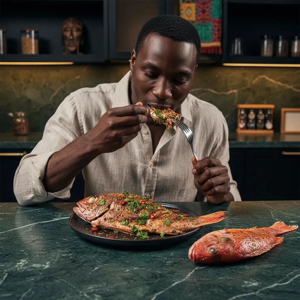 Homme dégustant un vivaneau grillé garni d'herbes fraîches, illustrant la saveur délicate du poisson frais prêt à consommer.