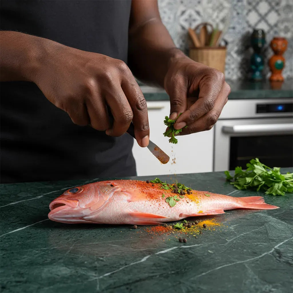 Préparation culinaire d’un vivaneau frais avec épices et herbes sur plan de travail, parfait pour recettes maison savoureuses.