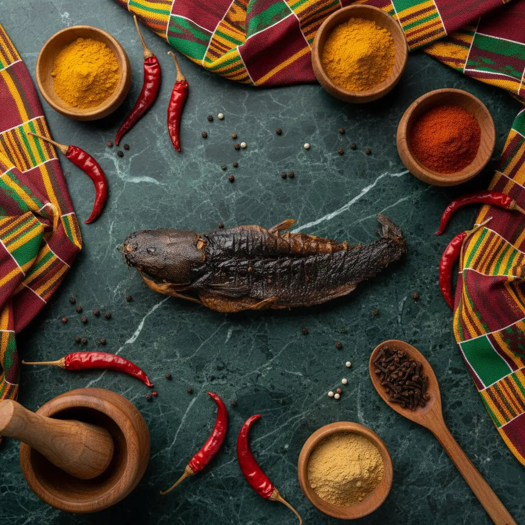 Silure fumé naturel présenté avec épices africaines sur fond en marbre, parfait pour cuisine riche en saveurs exotiques.