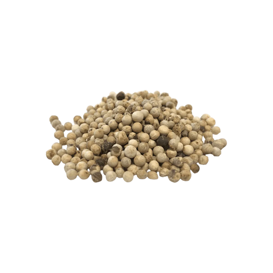 Grains de poivre blanc entier SAMIA en vrac, parfaits pour relever viandes, légumes et marinades. Épicerie salée de qualité chez NKOSI.