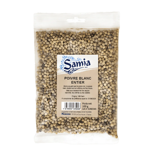 Poivre blanc entier SAMIA en sachet de 100g, épice aromatique pour sauces et plats salés. Produit d'épicerie salée disponible chez NKOSI.