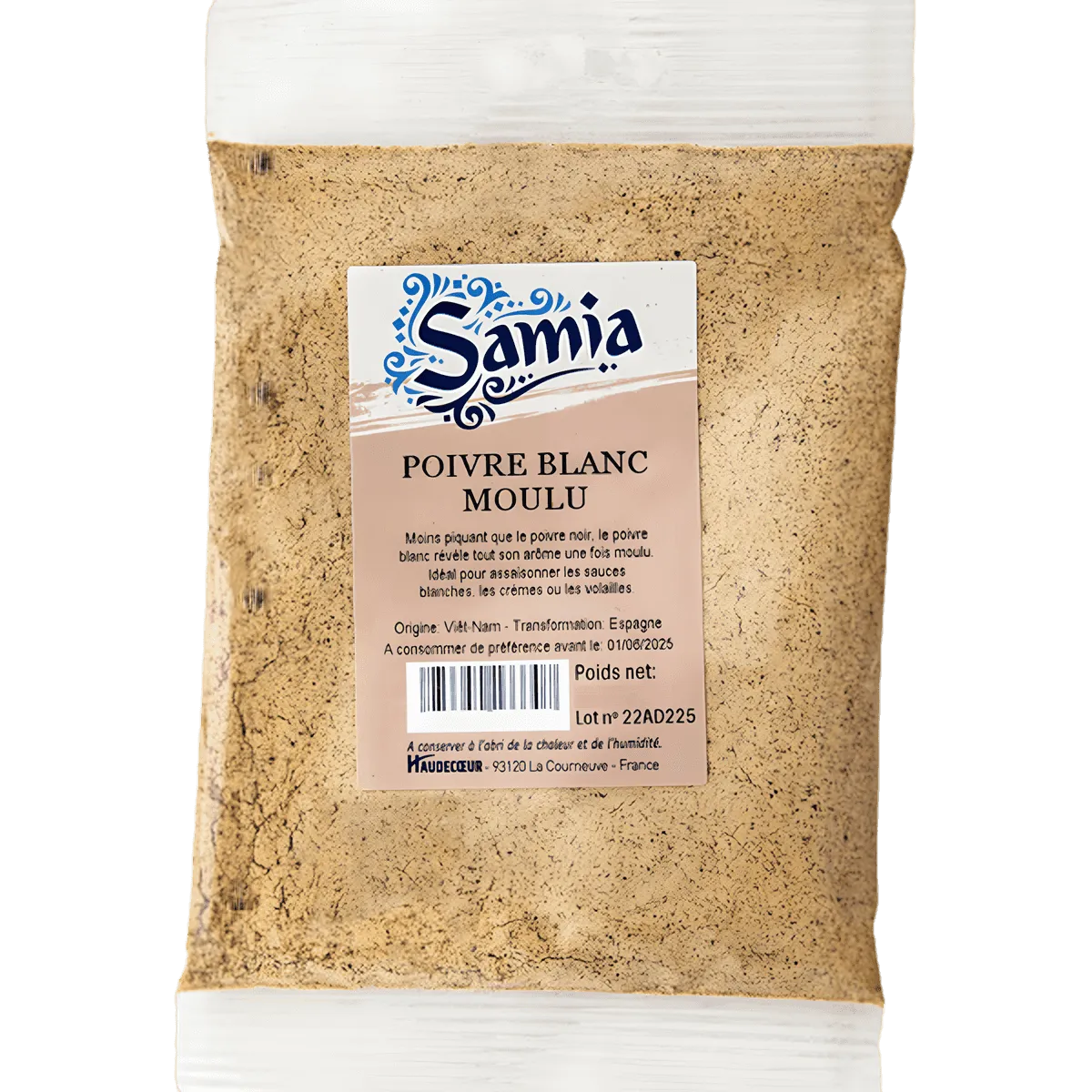 Poivre blanc moulu SAMIA - ÉPICERIE SALÉE - NKOSI, sachet transparent de poivre finement moulu, idéal pour assaisonner sauces et plats délicats.