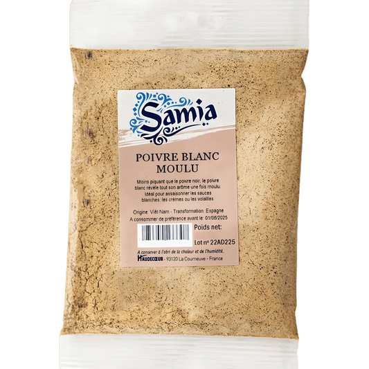 Poivre blanc moulu SAMIA - ÉPICERIE SALÉE - NKOSI, sachet transparent de poivre finement moulu, idéal pour assaisonner sauces et plats délicats.