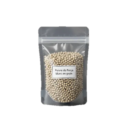 Poivre de Penja blanc en grain dans un sachet refermable, épice rare et raffinée idéale pour relever vos plats gastronomiques.
