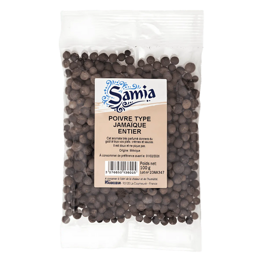 Poivre entier type Jamaïque SAMIA en sachet de 100g, épice aux arômes boisés idéale pour plats salés et sucrés - ÉPICERIE SALÉE - NKOSI.