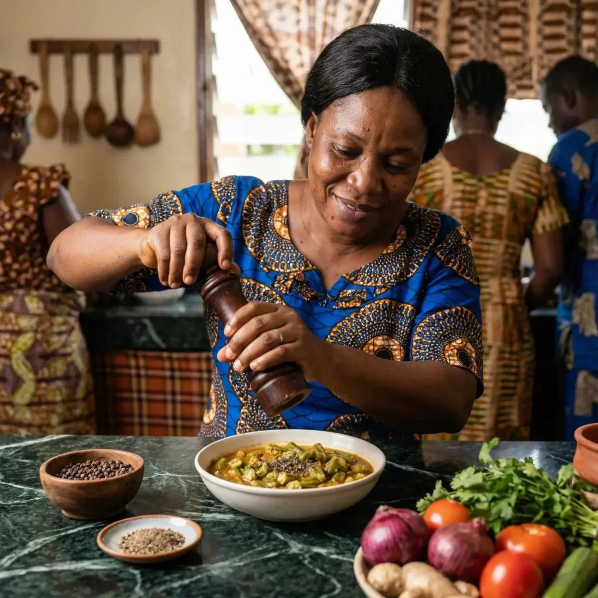 Poivre Fefe NUMBER ONE : une femme en cuisine assaisonne un plat, entourée d'ingrédients frais.