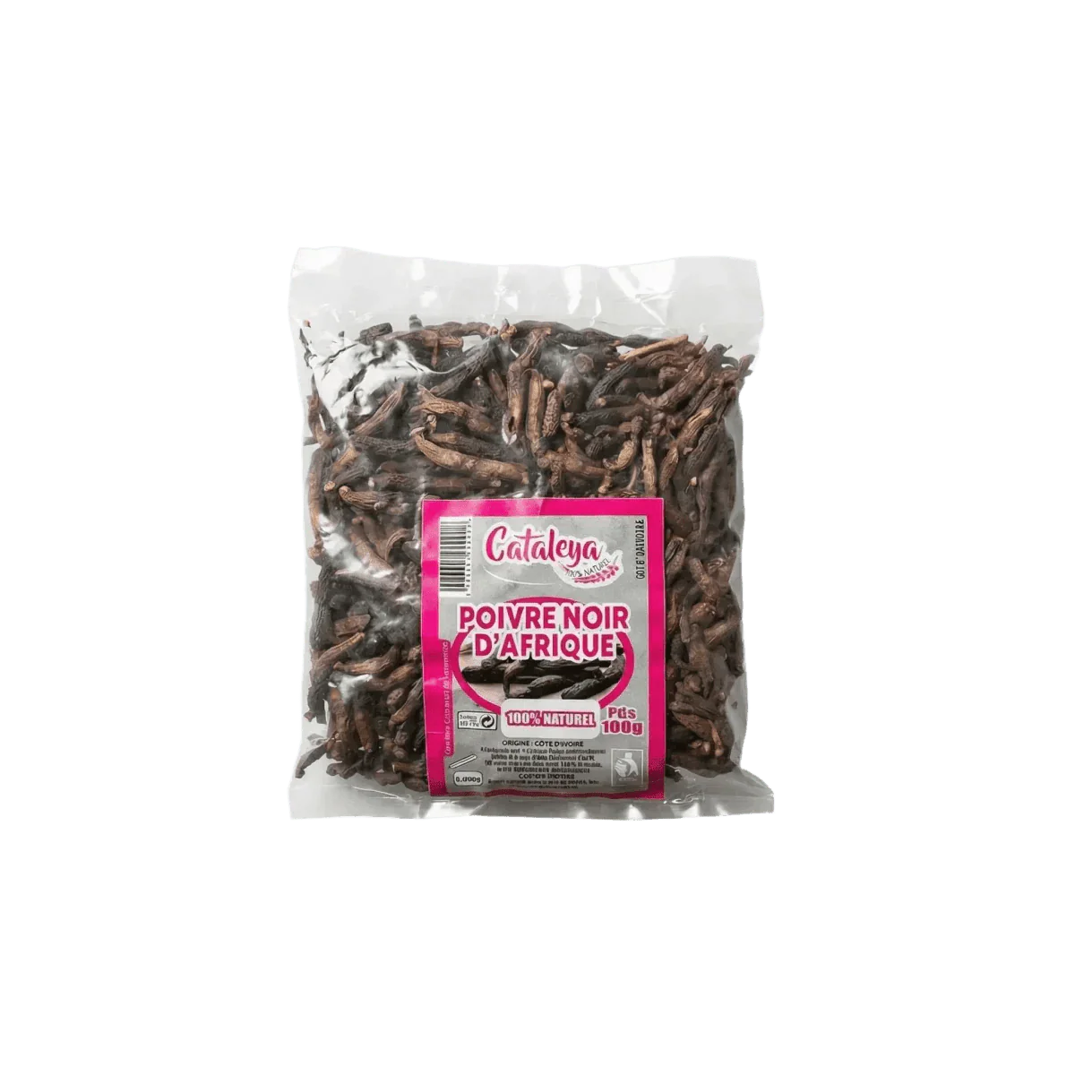 Sachet de poivre noir d'Afrique Cataleya. Ingrédients entiers présentés.