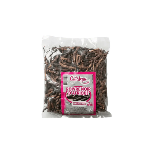 Sachet de poivre noir d'Afrique Cataleya. Ingrédients entiers présentés.