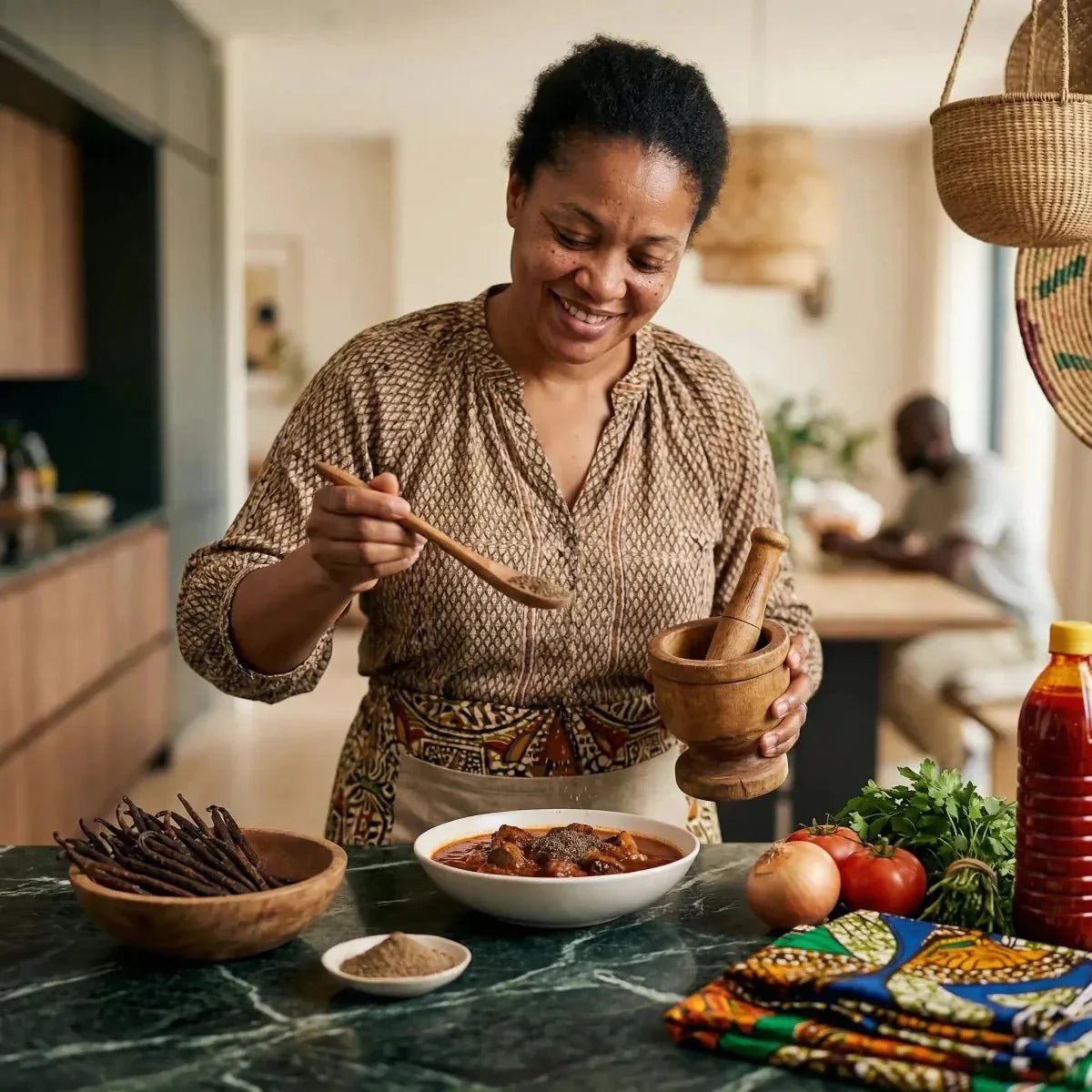 Épices poivre long d’Afrique, vendues en lot, avec un bol de vanille.