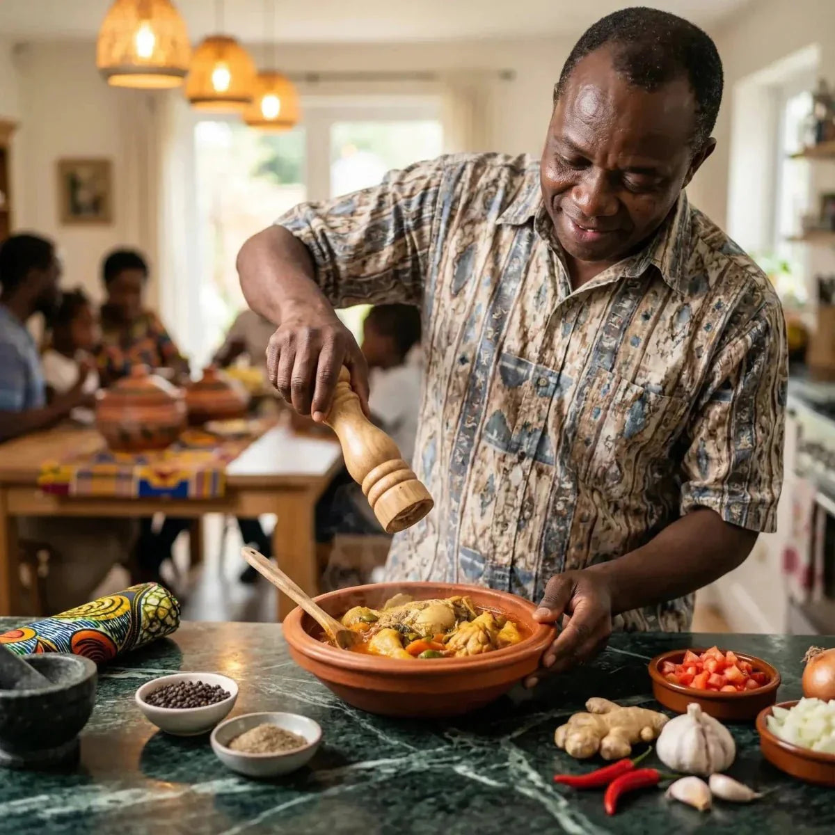 Un homme prépare un plat africain, assaisonnant avec le poivre long d’Afrique CATALEYA.