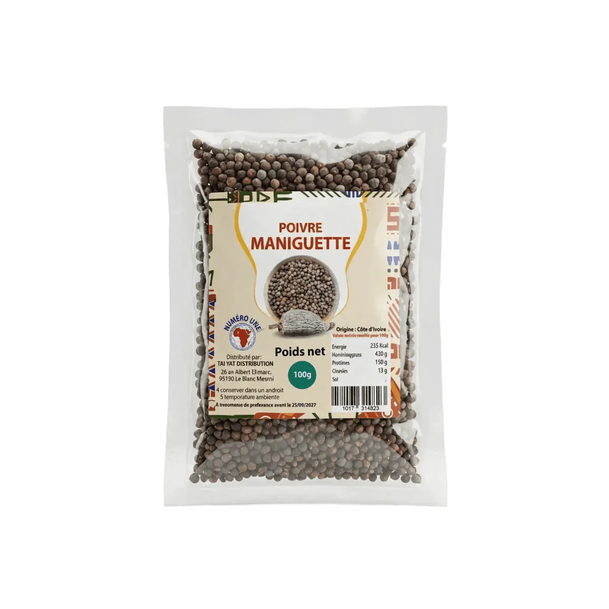 100g Pack of NUMBER ONE Grains of Paradise Pepper. Close-up of the packaging.