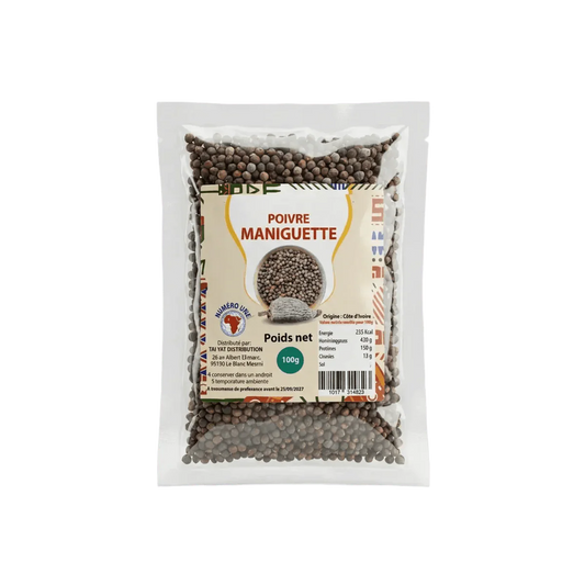 100g Pack of NUMBER ONE Grains of Paradise Pepper. Close-up of the packaging.