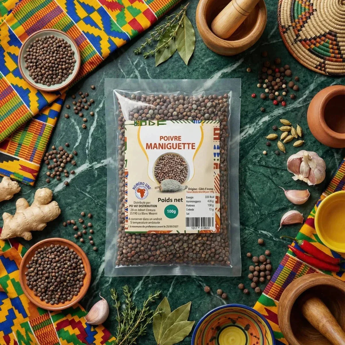Maniguette pepper by NUMBER ONE, in a sachet, marbled arrangement with spices.