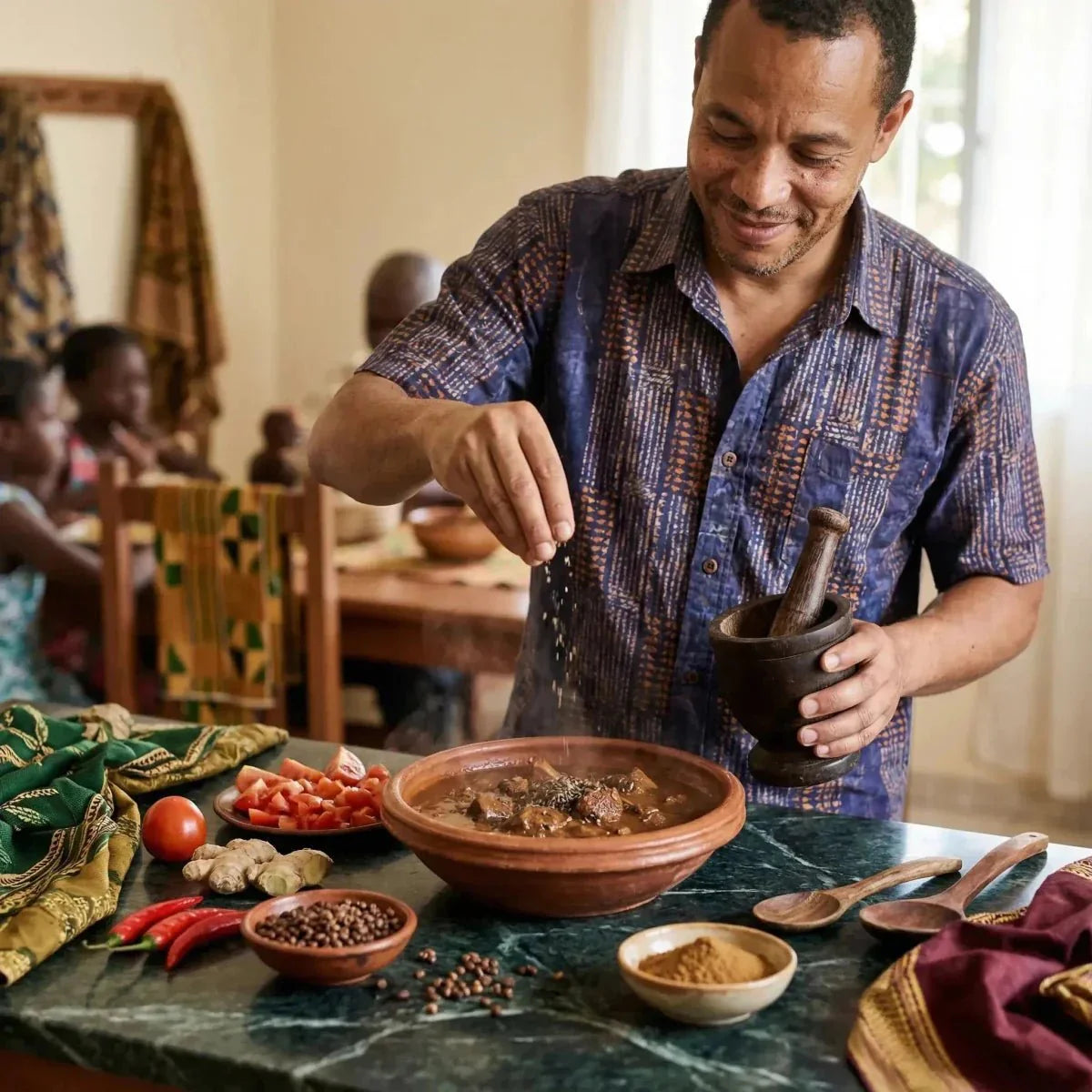 Maniguette Pepper NUMBER ONE: man preparing a dish, adding spices, with ingredients.
