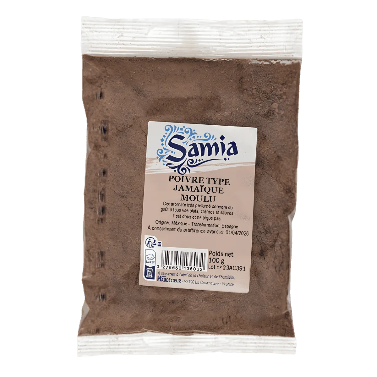 Poivre moulu type Jamaïque SAMIA en sachet de 100g, épice aromatique pour assaisonnement, disponible en ÉPICERIE SALÉE - NKOSI.