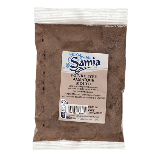 Poivre moulu type Jamaïque SAMIA en sachet de 100g, épice aromatique pour assaisonnement, disponible en ÉPICERIE SALÉE - NKOSI.