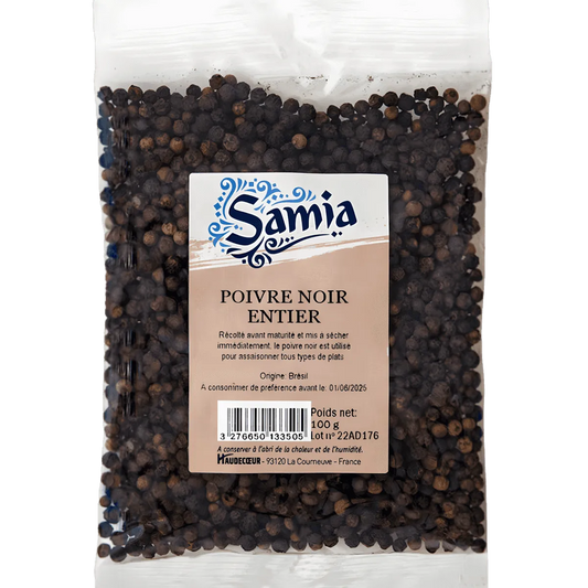 Poivre noir entier SAMIA en sachet de 100g, présenté dans la catégorie ÉPICERIE SALÉE sur NKOSI, idéal pour assaisonner divers plats.