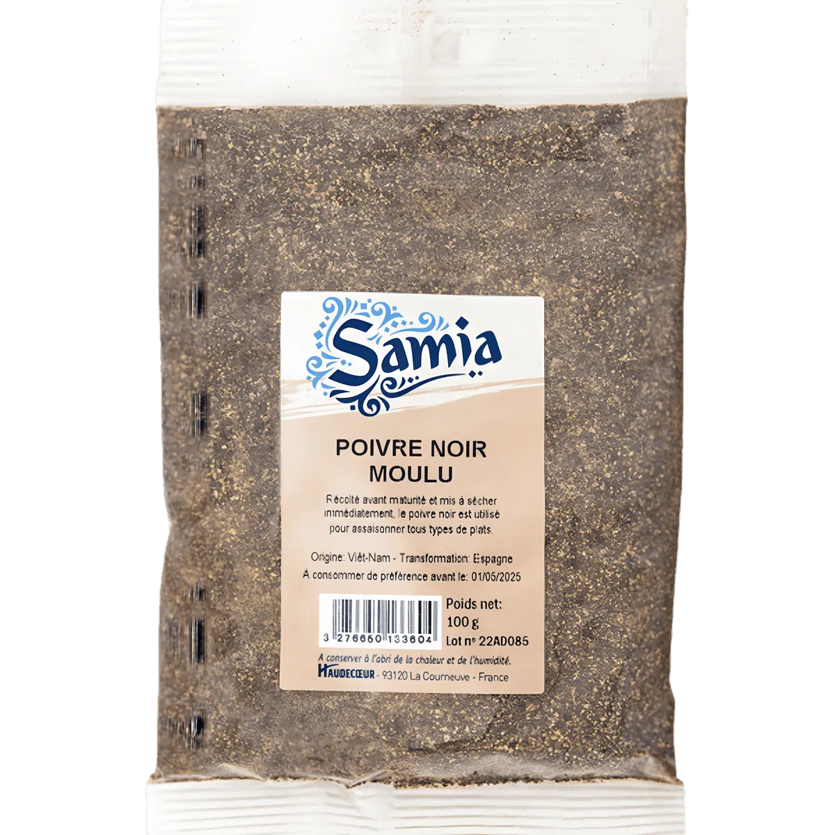 Poivre noir moulu SAMIA en sachet de 100g, épicerie salée NKOSI, parfait pour assaisonner viandes, légumes et sauces avec une saveur intense.