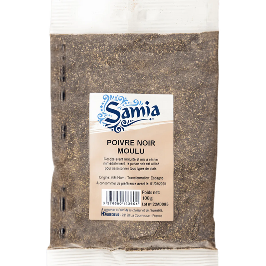 Poivre noir moulu SAMIA en sachet de 100g, épicerie salée NKOSI, parfait pour assaisonner viandes, légumes et sauces avec une saveur intense.