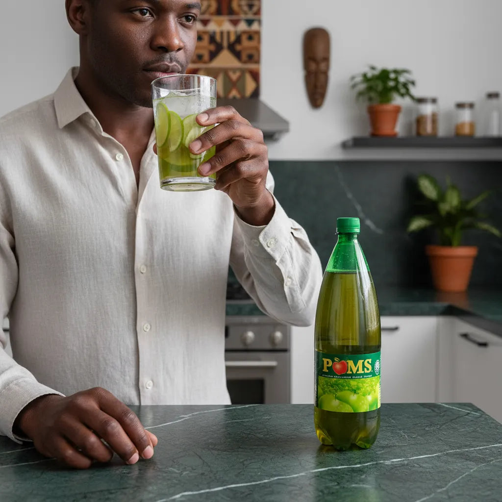 Homme dégustant un verre de soda goût pomme POM'S dans une cuisine moderne, boisson pétillante et fruitée parfaite pour se rafraîchir.
