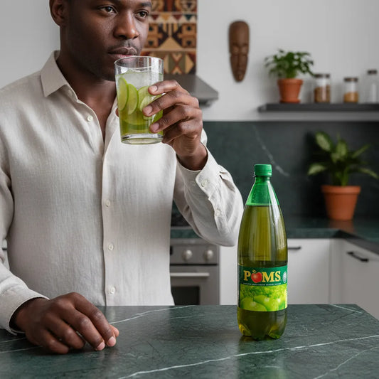 Homme dégustant un verre de soda goût pomme POM'S dans une cuisine moderne, boisson pétillante et fruitée parfaite pour se rafraîchir.