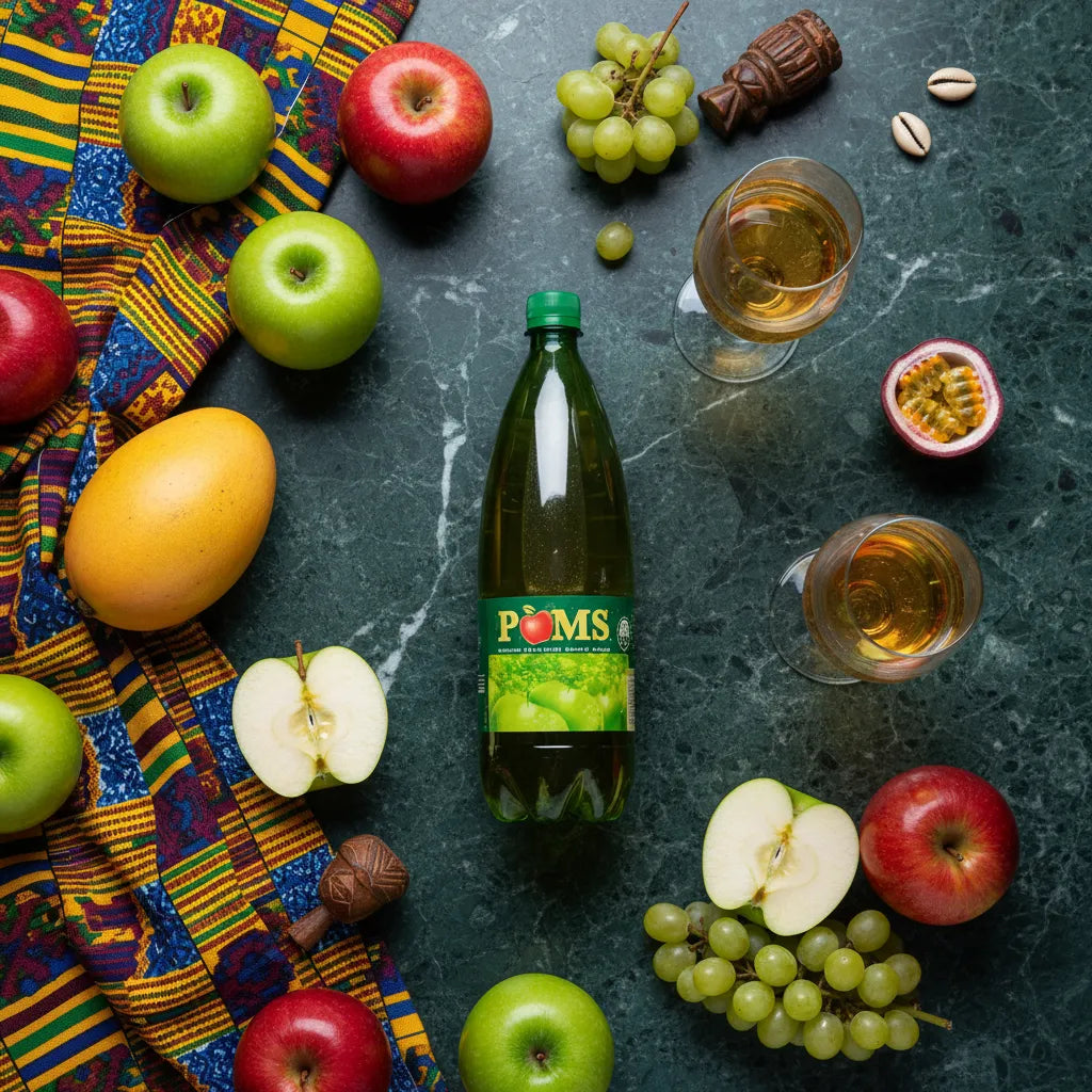 Soda goût pomme POM'S entouré de fruits frais et verres servis, boisson pétillante parfaite pour accompagner un repas ou une pause fruitée.