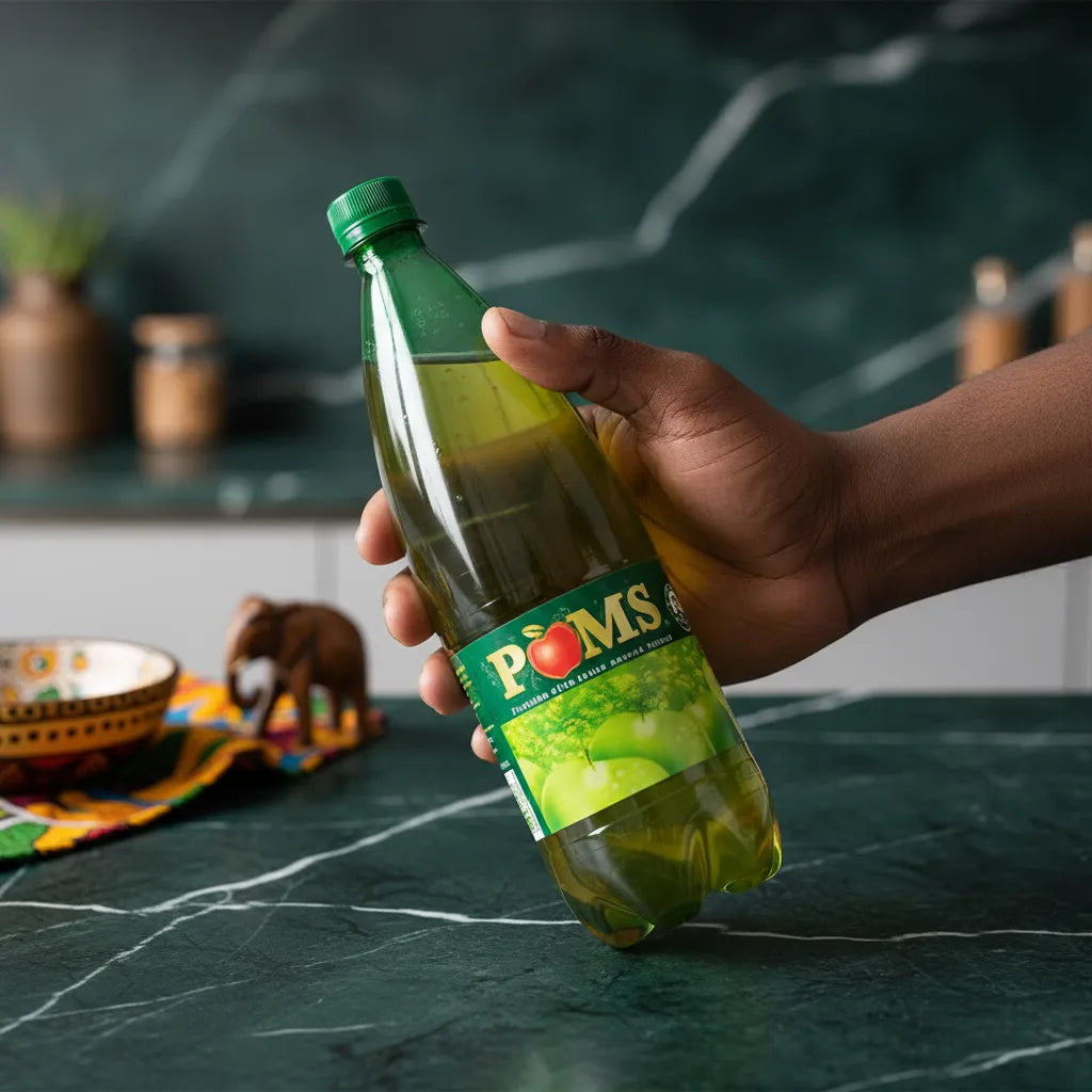 Main tenant une bouteille de soda goût pomme POM'S sur un plan de travail, boisson gazeuse aux pommes idéale pour les moments conviviaux.