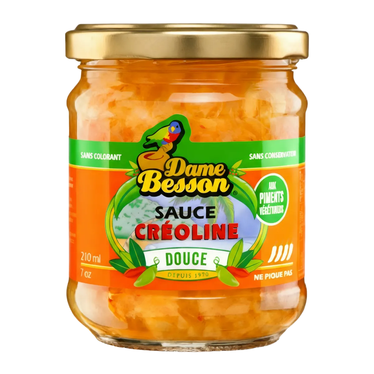 Bocal de sauce créoline douce DAME BESSON 210 ml, sans colorant ni conservateur, aux piments végétariens. Épicerie salée aux saveurs antillaises.