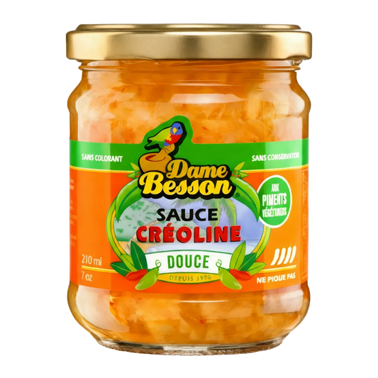 Bocal de sauce créoline douce DAME BESSON 210 ml, sans colorant ni conservateur, aux piments végétariens. Épicerie salée aux saveurs antillaises.