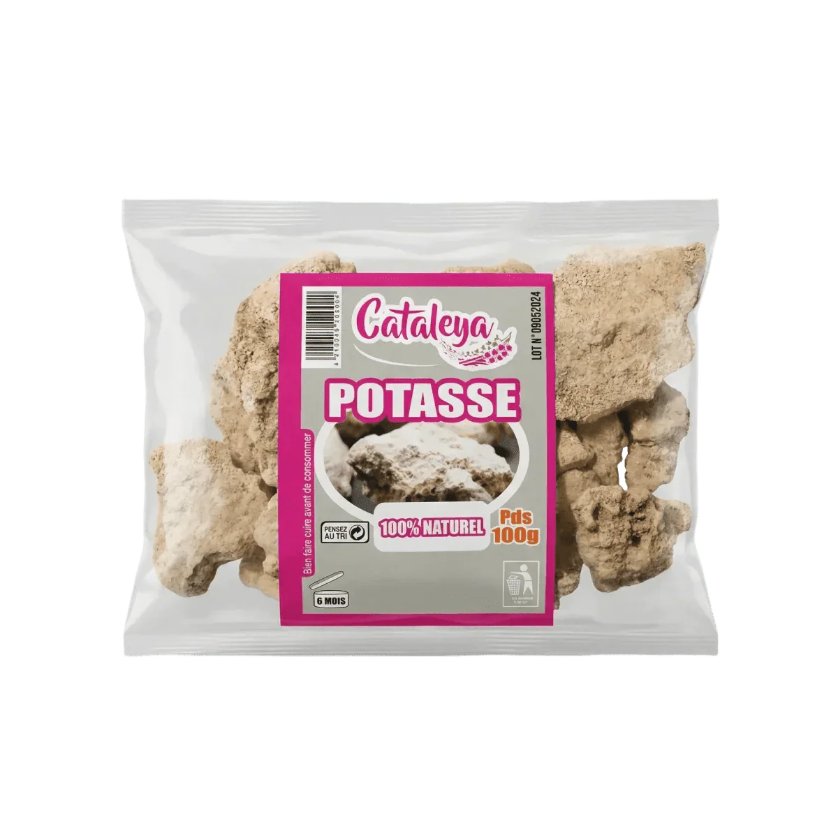 Sac de potasse Cataleya 100g. Morceaux de potasse visibles à travers un emballage plastique.