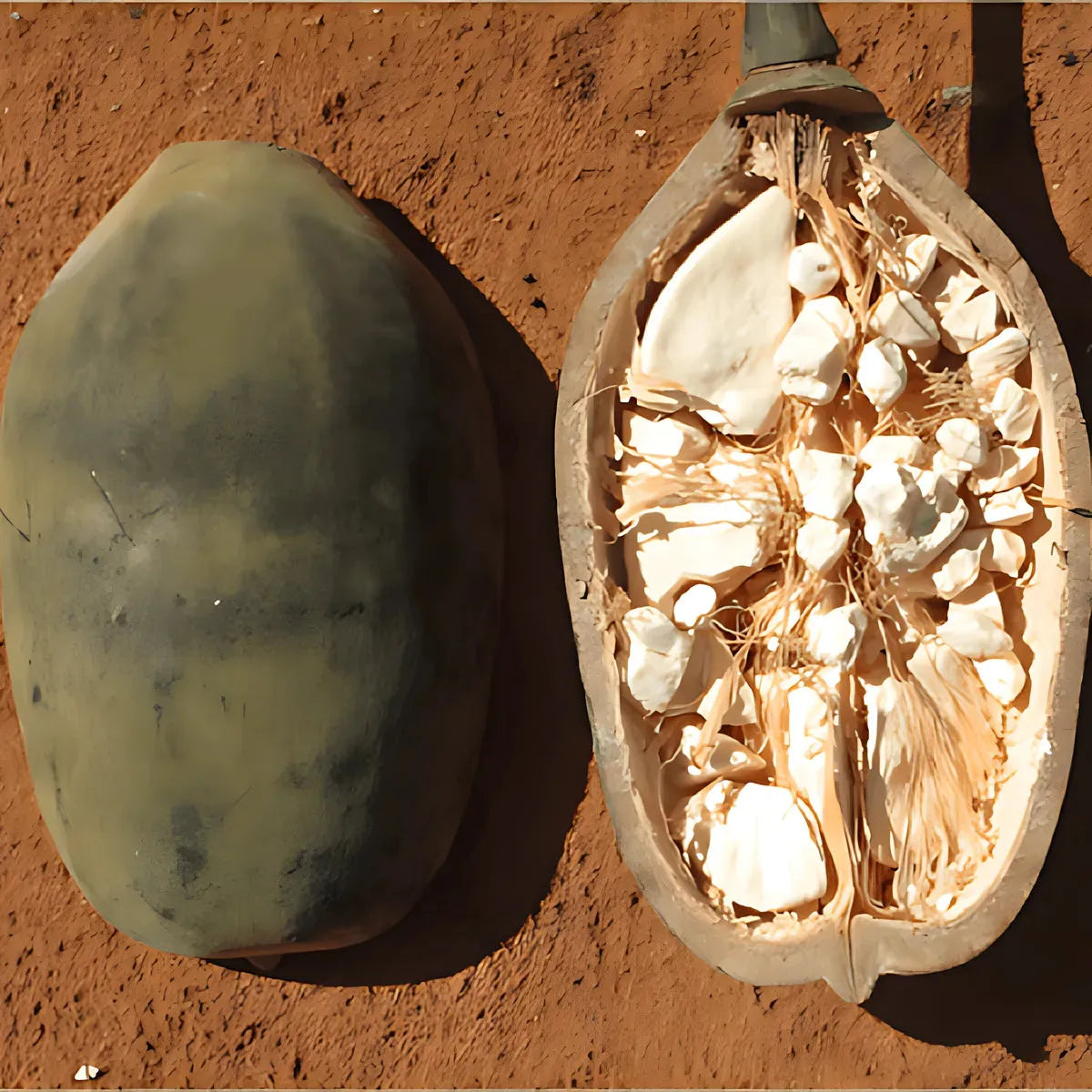 Fruit de baobab ouvert montrant la pulpe blanche utilisée pour produire la Poudre de Baobab BIO Racines, riche en nutriments et goût acidulé.
