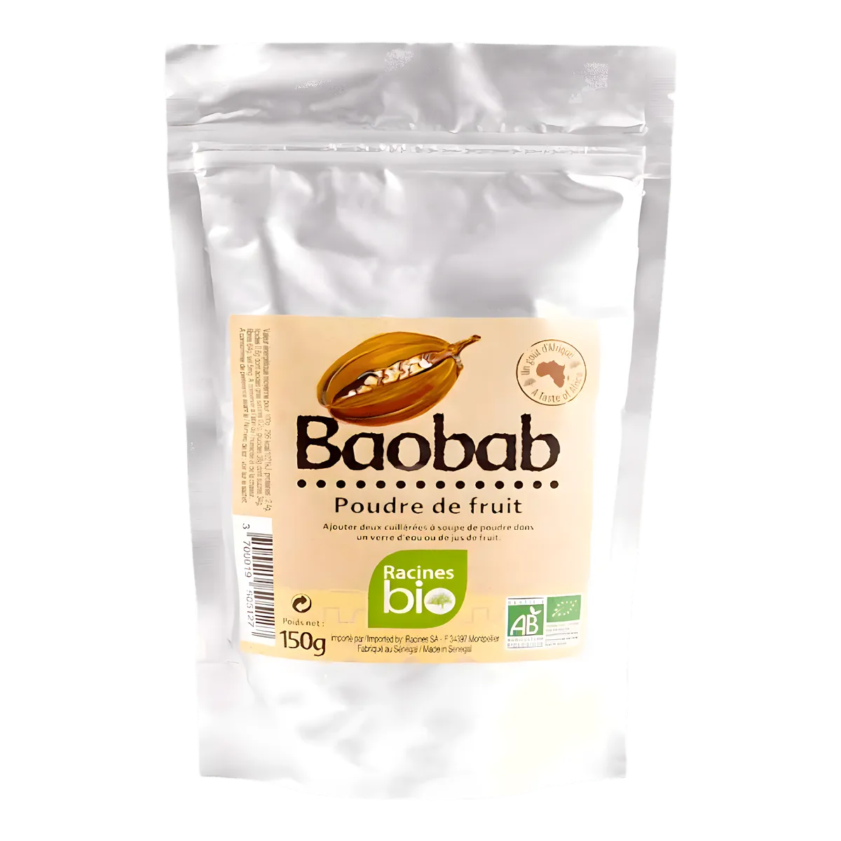 Poudre de Baobab BIO Racines 150g en sachet refermable, riche en vitamine C et fibres, idéale pour boissons et recettes sucrées naturelles.