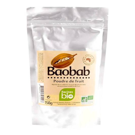 Poudre de Baobab BIO Racines 150g en sachet refermable, riche en vitamine C et fibres, idéale pour boissons et recettes sucrées naturelles.