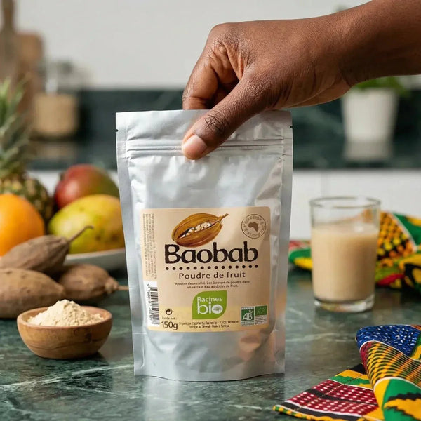 Bio-Baobab-Wurzelpulver in silberner Verpackung, präsentiert mit einem Glas Getränk.