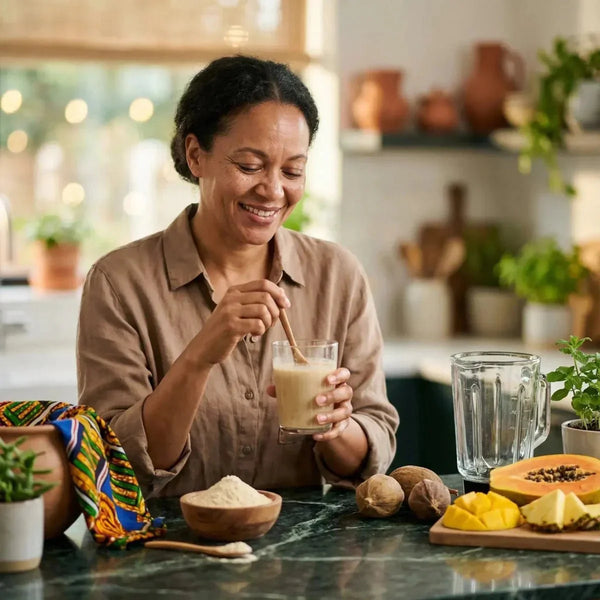 RACINES, Bio-Baobab-Pulver. Lächende Frau, die einen Smoothie mit exotischen Früchten mixt.